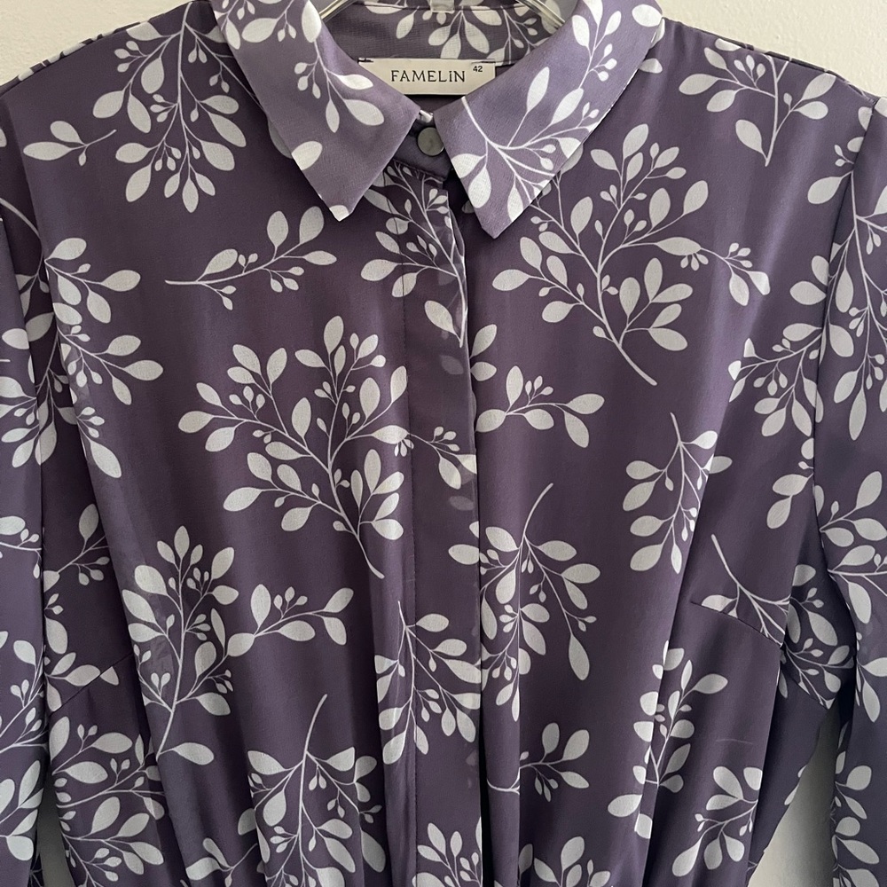 Purple floral maxi and long sleeve dress. With collar, belt, and underskirt